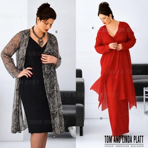 May include: Two outfits by Tom and Linda Platt for Vogue American Designer. The left outfit features a black knee-length dress with a long-sleeved, grey and black patterned duster. The right outfit is a solid red, floor-length dress with a matching sheer overlay.