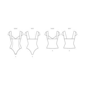 May include: Line drawing of a bodysuit pattern with short sleeves. The pattern is labeled with the words "Front" and "Back" and the letters "A" and "B".