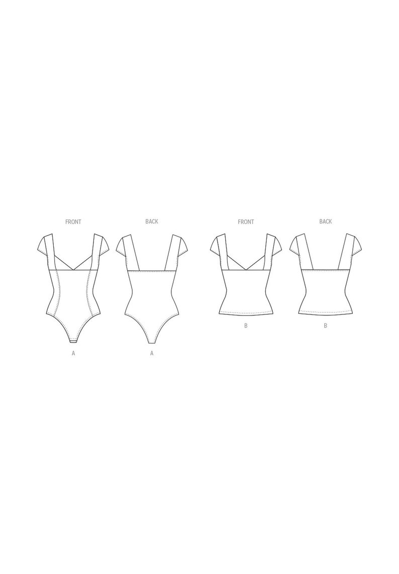 May include: Line drawing of a bodysuit pattern with short sleeves. The pattern is labeled with the words "Front" and "Back" and the letters "A" and "B".