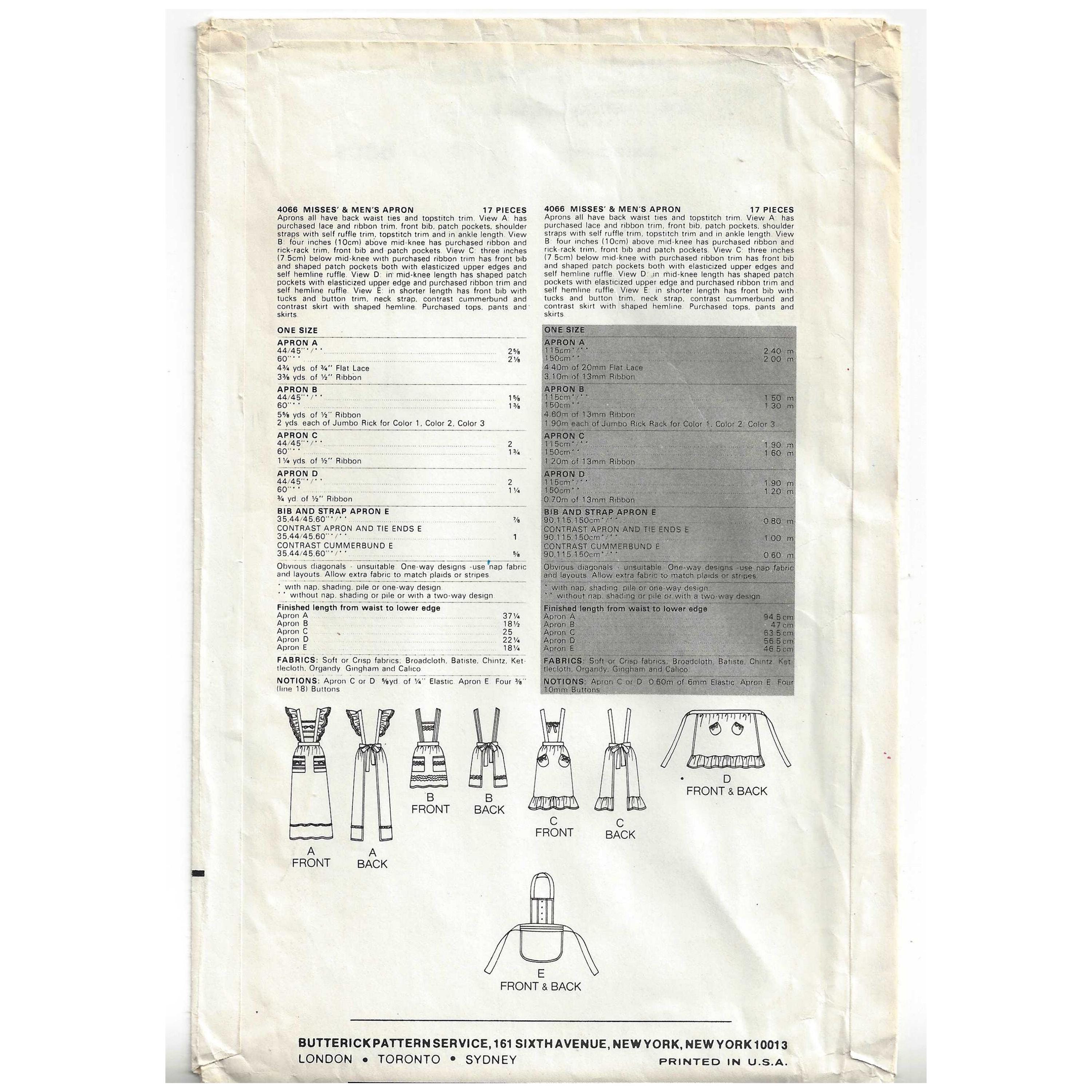 Style 4066 Pattern Butterick 4066 Sewing Pattern for Misses and Mens Aprons Various Styles ...