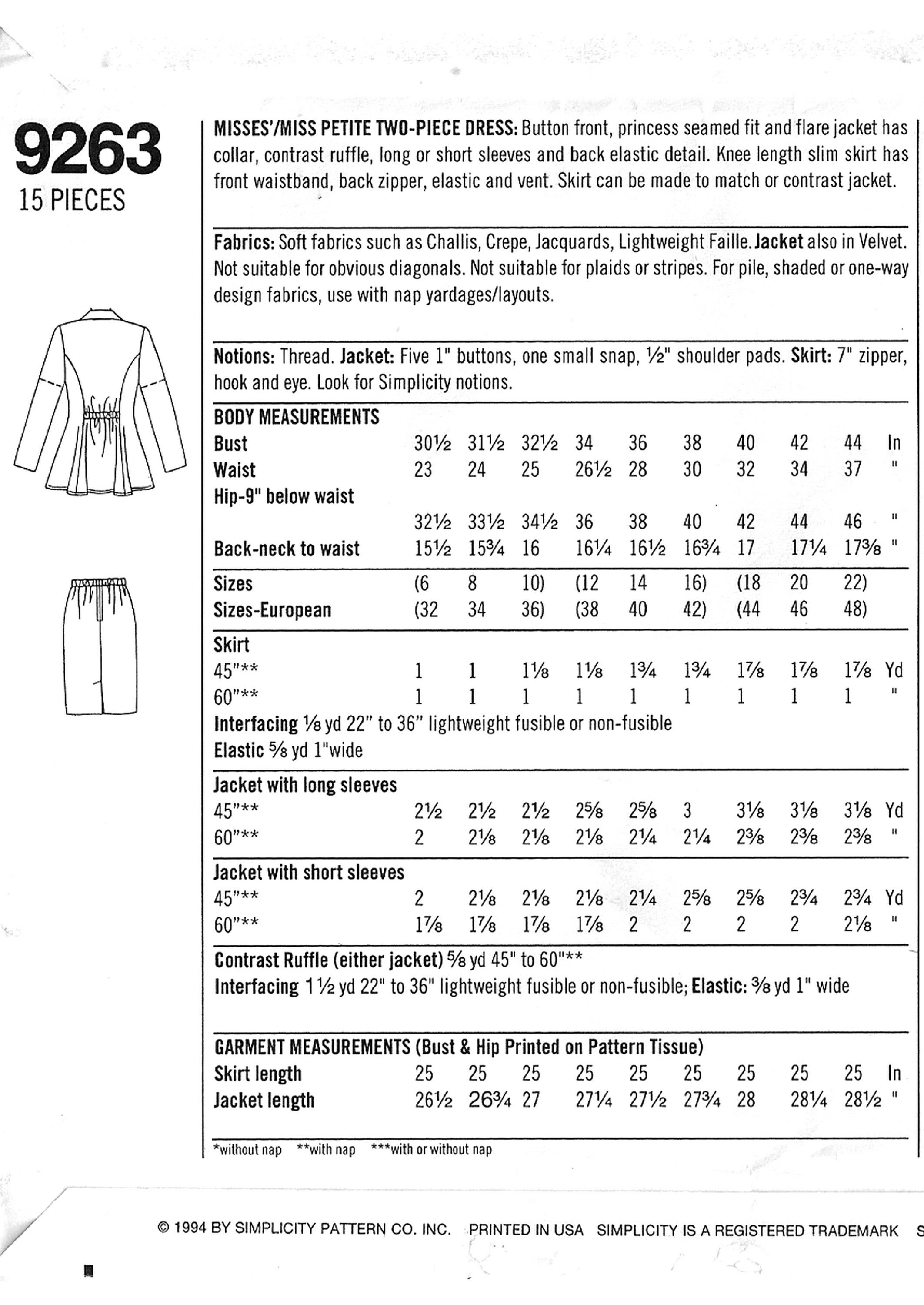 Simplicity 9263 Sewing Pattern Misses Two Piece Dress Set Fit and Flare ...