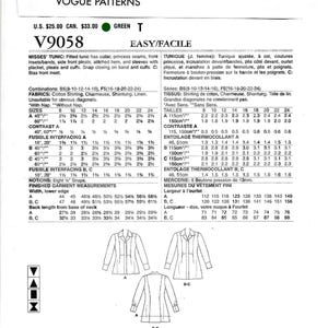 Op de afbeelding: Vogue Patterns naaipatroon V9058 voor een tuniek met kraag, prinsessennaden en plooien aan de voorkant. Inclusief maten voor borst-, taille- en heupmaten. Het patroon is gedrukt in de VS.
