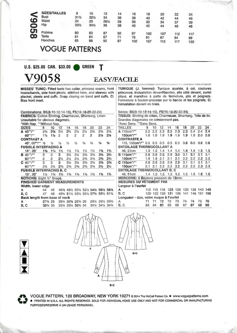 Op de afbeelding: Vogue Patterns naaipatroon V9058 voor een tuniek met kraag, prinsessennaden en plooien aan de voorkant. Inclusief maten voor borst-, taille- en heupmaten. Het patroon is gedrukt in de VS.