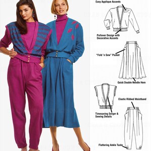 May include: A sewing pattern for a pullover top, skirt, and pants featuring a V-neckline, elastic ribbed waistband, and pockets. The technical illustrations include labels for Easy Applique Accents, Fold 'n Sew Pocket, Quick Double Needle Hem, and Flattering Ankle Tucks.