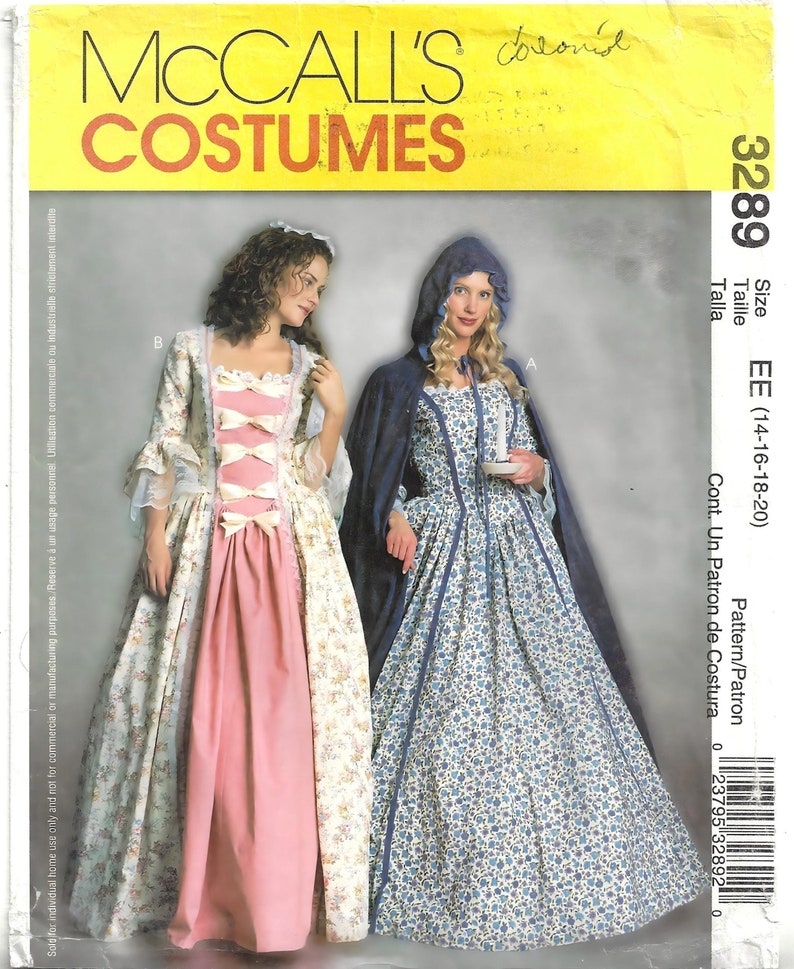 Mccalls 3289 Sewing Pattern Misses Colonial Costumes Full Length Dress ...