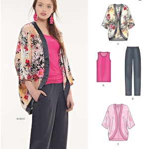 May include: A woman models a floral kimono, pink tank top, and gray pants. The image is a sewing pattern from New Look, number 6546, with illustrations of the garments. The pattern includes a kimono, tank top, and pants.