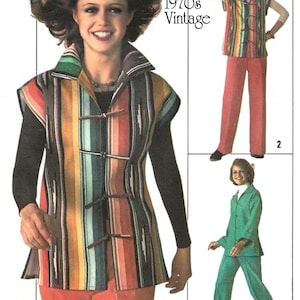 May include: Vintage Jiffy sewing pattern from the 1970s. The image features a woman wearing a colorful striped vest with toggle closures, paired with coral pants. Additional outfits include a green suit and a striped vest with coral pants.