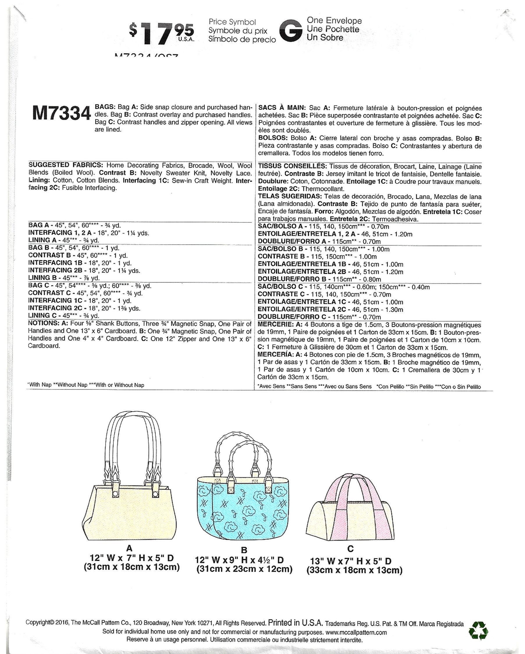 Mccalls M7334 Sewing Pattern for Misses Set of Bags From the Khaliah ...