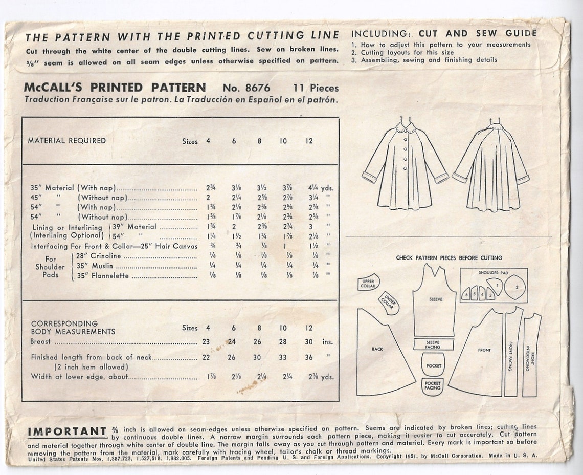 Mccalls 8676 Sewing Pattern Girls Vintage 50s Raglan Sleeve Button ...