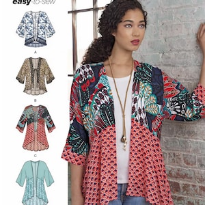 May include: A woman wearing a colorful, patterned kimono-style jacket. The jacket features a mix of red, blue, and green designs. The image also shows a sewing pattern with different jacket styles and the text "easy-to-sew".