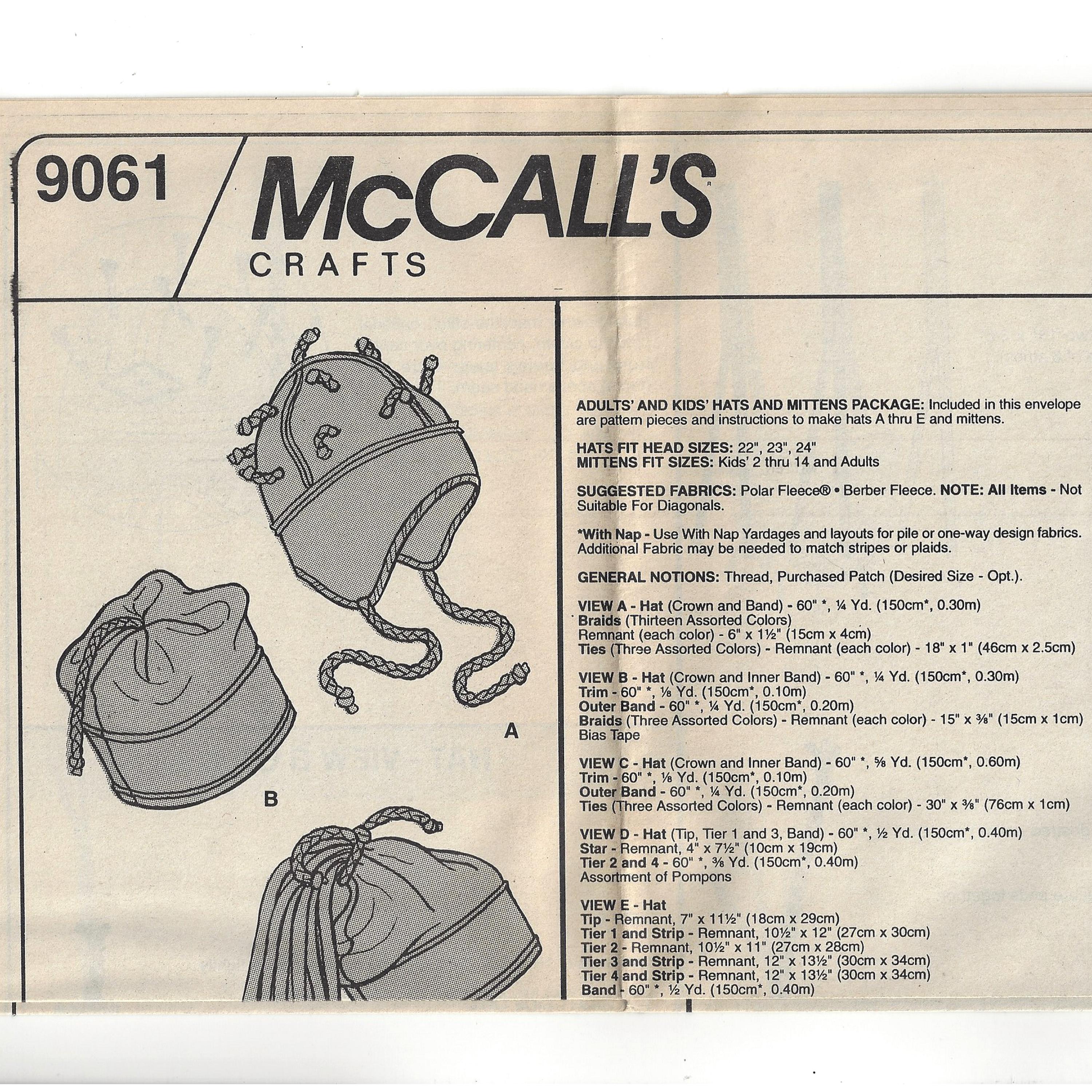 Mccalls 9061 Sewing Pattern for Adult and Kids Hats and Mittens Package ...
