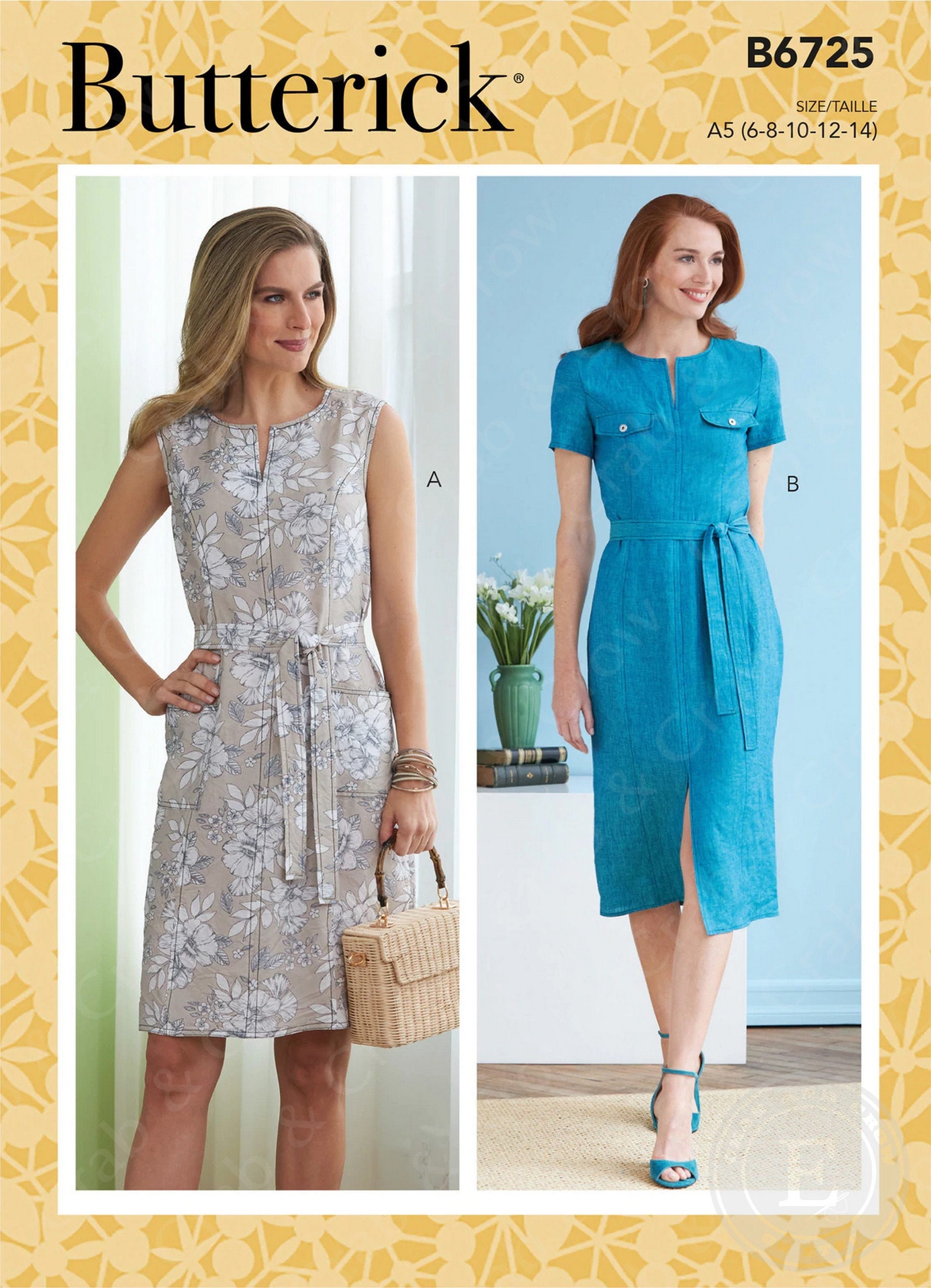 Butterick B6725 Sewing Pattern Misses Front Neck Split Princess Seam Dress with Sleeve Variations and Sash sz 6-14 or 14-22 Uncut
