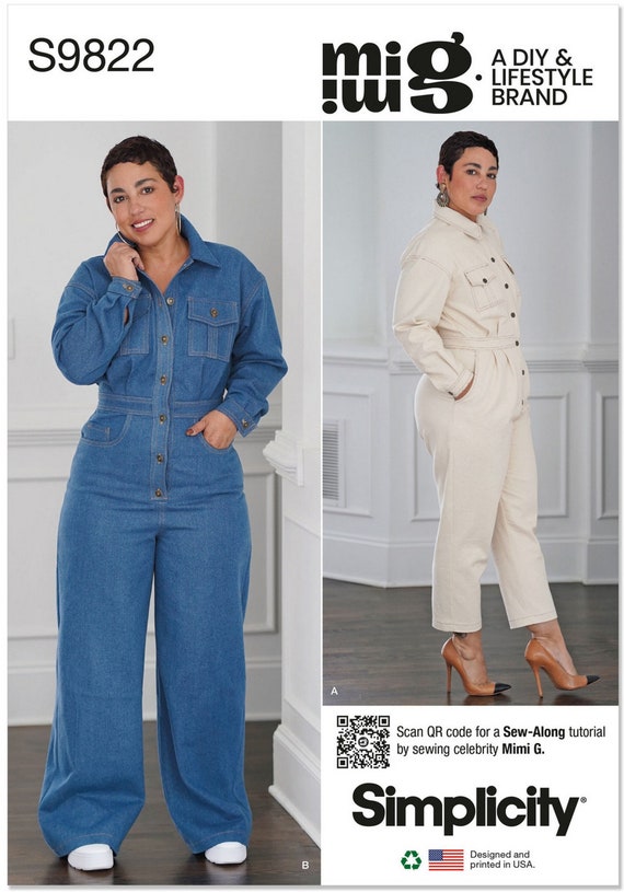 Simplicity S9822 Sewing Pattern Misses Classic Long Sleeve Jumpsuits Tapered or Wide Leg by Mimi G sz 8-16 or 18-26 Uncut
