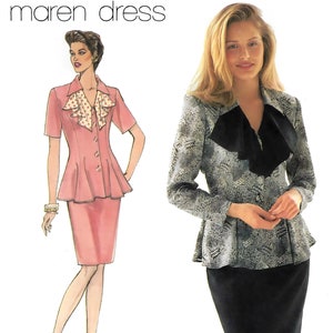 May include: A Simplicity sewing pattern for a dress with a ruffled collar. The pattern shows two versions of the dress, one in pink and one in a gray and white print. The pattern is called "Maren Dress".