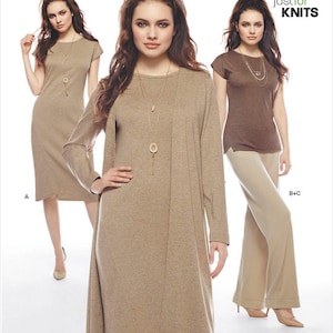 May include: New Look 6482 sewing pattern envelope featuring Easy Just for Knits designs. The image displays a tan knit dress, a tan knit dress with a matching long-sleeve cardigan, and a brown short-sleeve knit top with tan wide-leg pants.