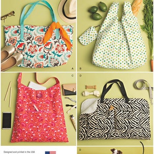 May include: Simplicity pattern 8149 features four different bag designs. The bags include a tote with a floral print, a polka dot bag with a matching pouch, a red patterned shoulder bag, and a zebra print pet carrier with a bed.
