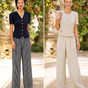 May include: Two outfits labeled A and B. Outfit B features a black short-sleeved jacket with gold buttons and black-and-white pinstriped trousers. Outfit A features a beige short-sleeved jacket with round buttons and matching beige wide-leg trousers.