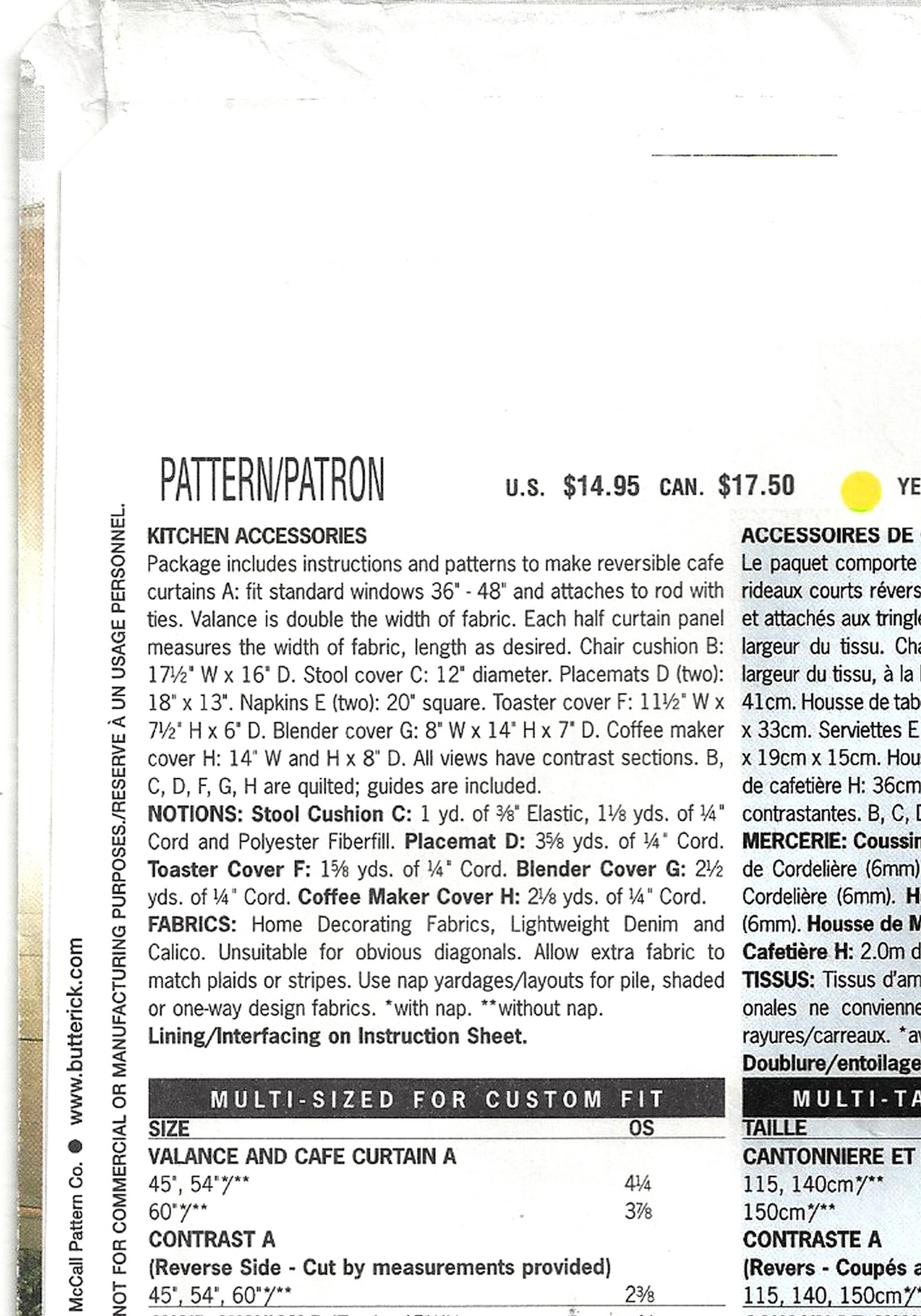 Butterick 3876 Sewing Pattern for Kitchen Accessories Valance Cafe ...