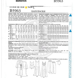 Butterick B5963 Sewing Pattern Misses Easy Side Tie Robe Top Gown Pants ...