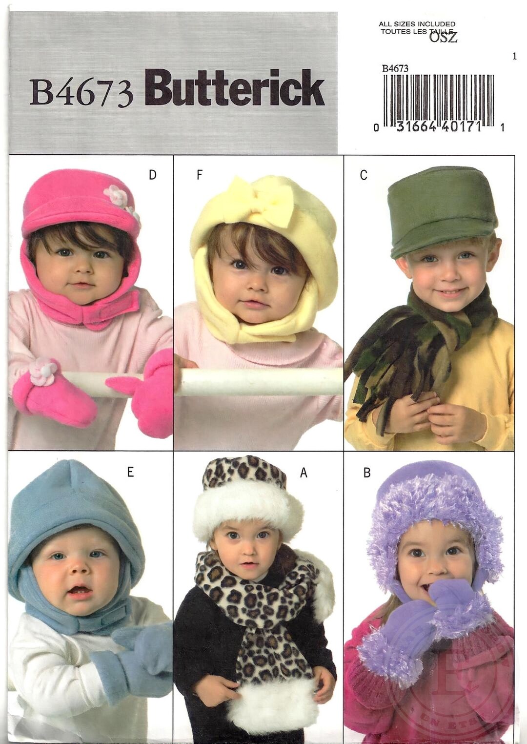 Butterick B4673 Sewing Pattern for Infants Toddlers Hats Scarves and