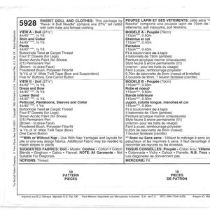 Mccalls 5928 Sewing Pattern for Whimsical Wabbits Rabbit Doll and ...