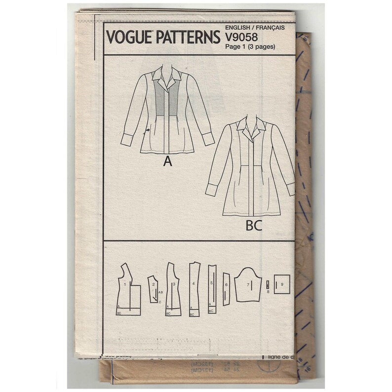 Op de afbeelding: Een vintage Vogue Patterns naaipatroon, V9058, met illustraties van een overhemdontwerp met kraag, gelabeld A en BC. Het patroon bevat diagrammen van de patroondelen. De tekst "ENGLISH / FRAN&Ccedil;AIS" is zichtbaar.