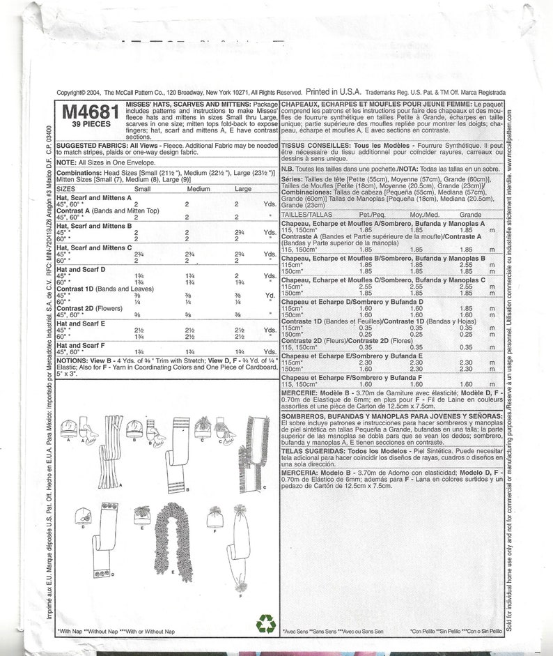 McCalls M4681 Sewing Pattern Misses Fashion Accessories Hat Scarves and Mittens sz S-L Uncut image 3