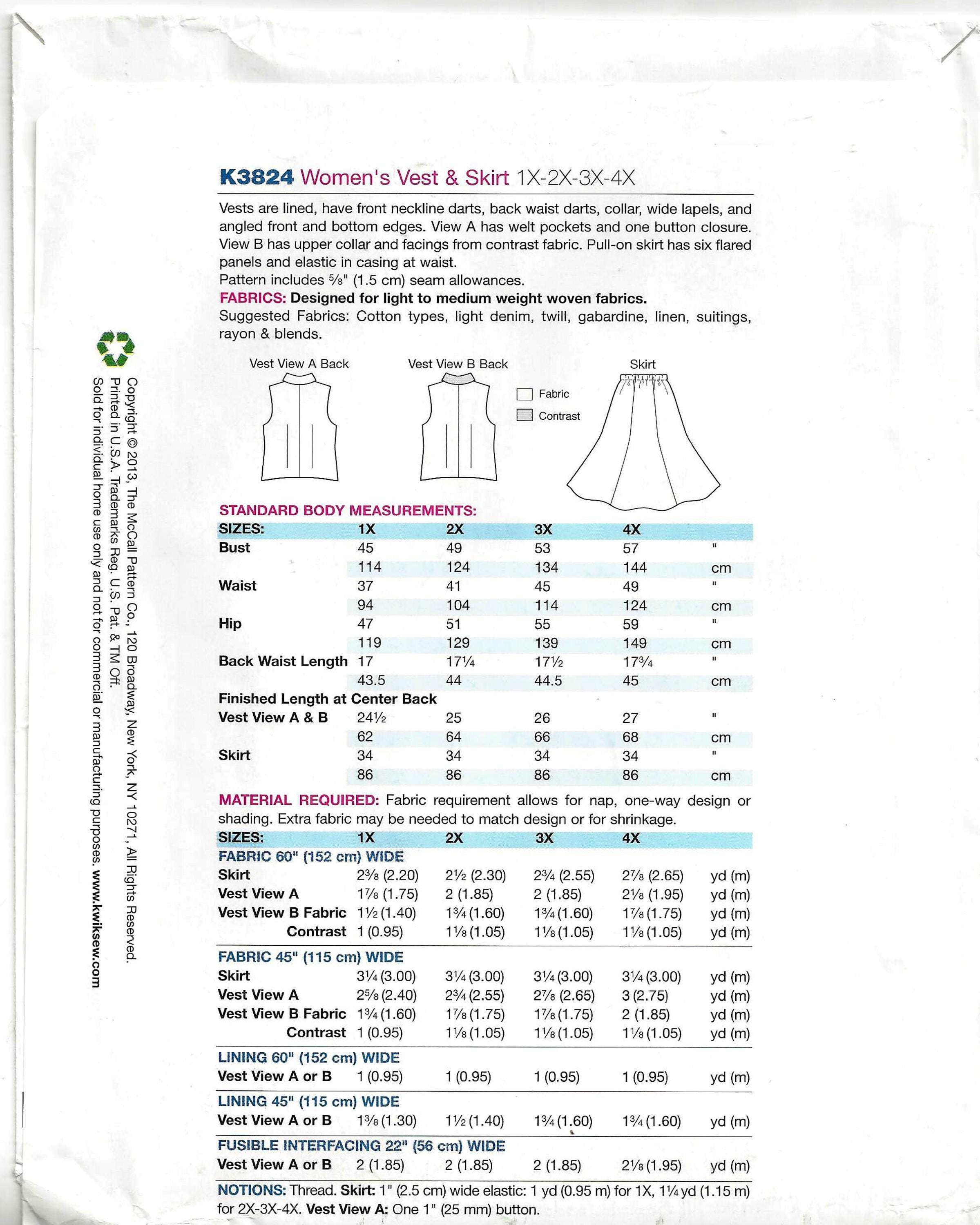 Kwik Sew K3824 Sewing Pattern for Womens Plus Size Lined Vests and ...