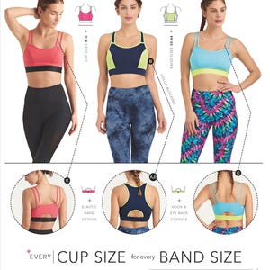 May include: Simplicity pattern 8339 features sports bras in various colors, including red, navy, and light blue. The pattern includes cup sizes A-G and band sizes 30-44. The design includes color blocking, elastic band details, and hook and eye back closures.