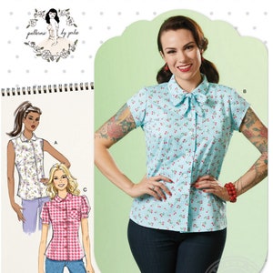 May include: A sewing pattern for a women's blouse with a bow tie collar. The pattern is called "Simplicity" and is for sizes 6-14. The pattern is for a blouse with a cherry print and a gingham pattern. The pattern is called "patterns by gertie".