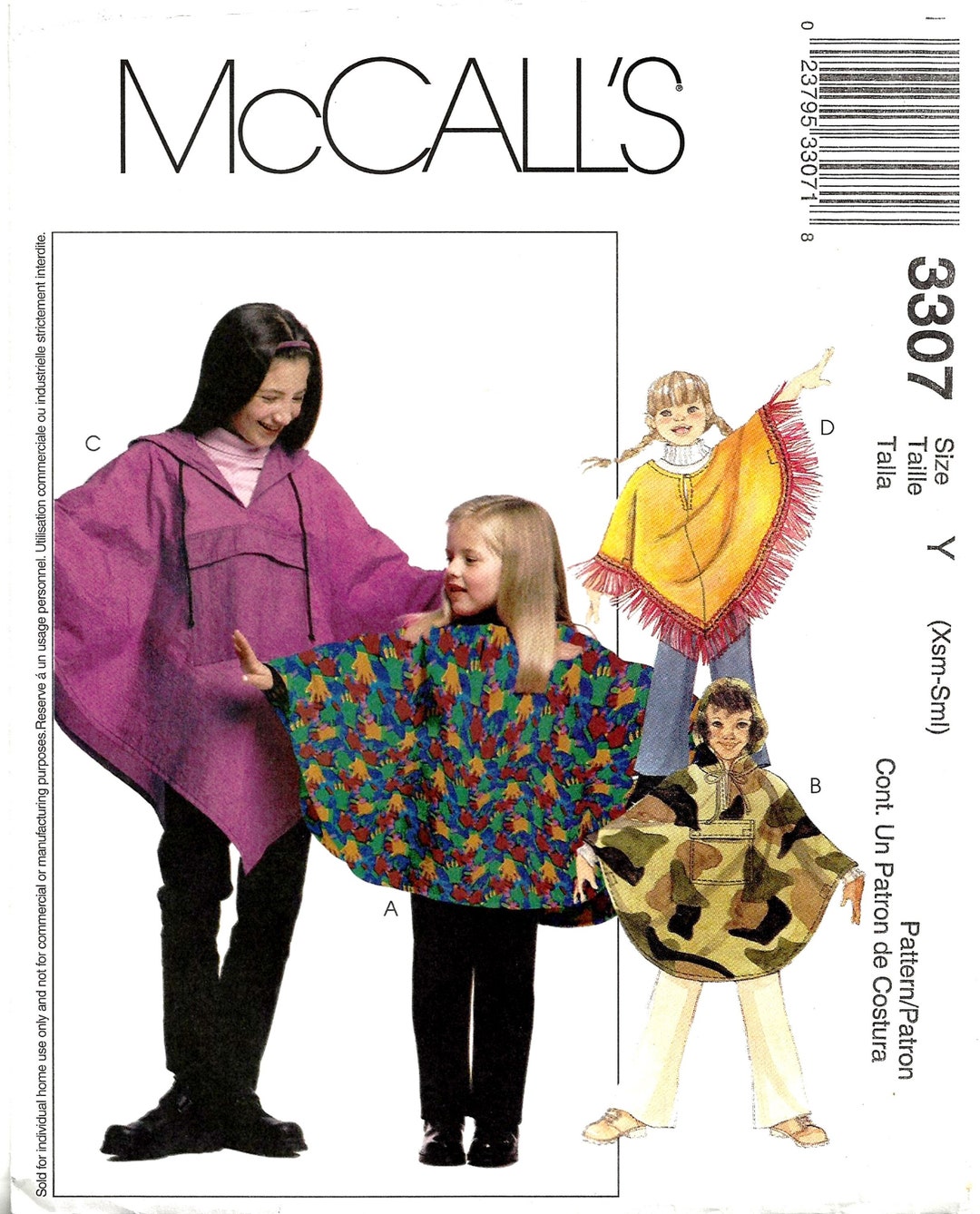 Mccalls 3307 Sewing Pattern Girls Easy Pullover Ponchos With Hood and ...