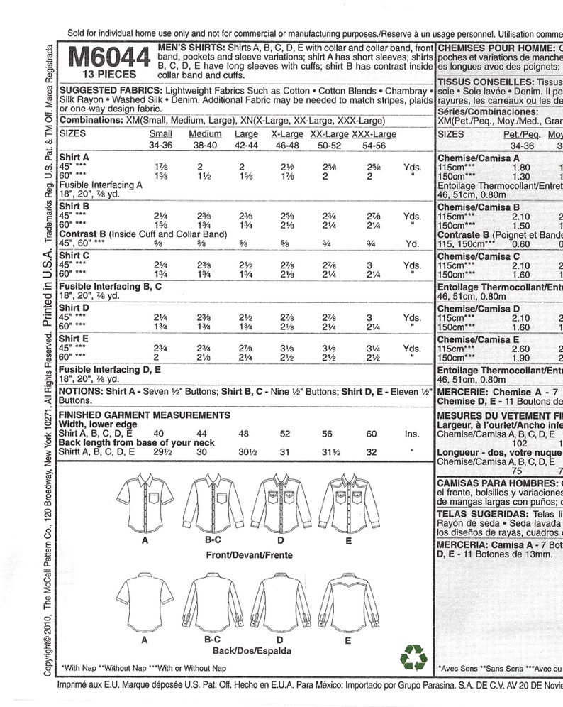 Mccalls M6044 Sewing Pattern Men's Button Down Collared Etsy