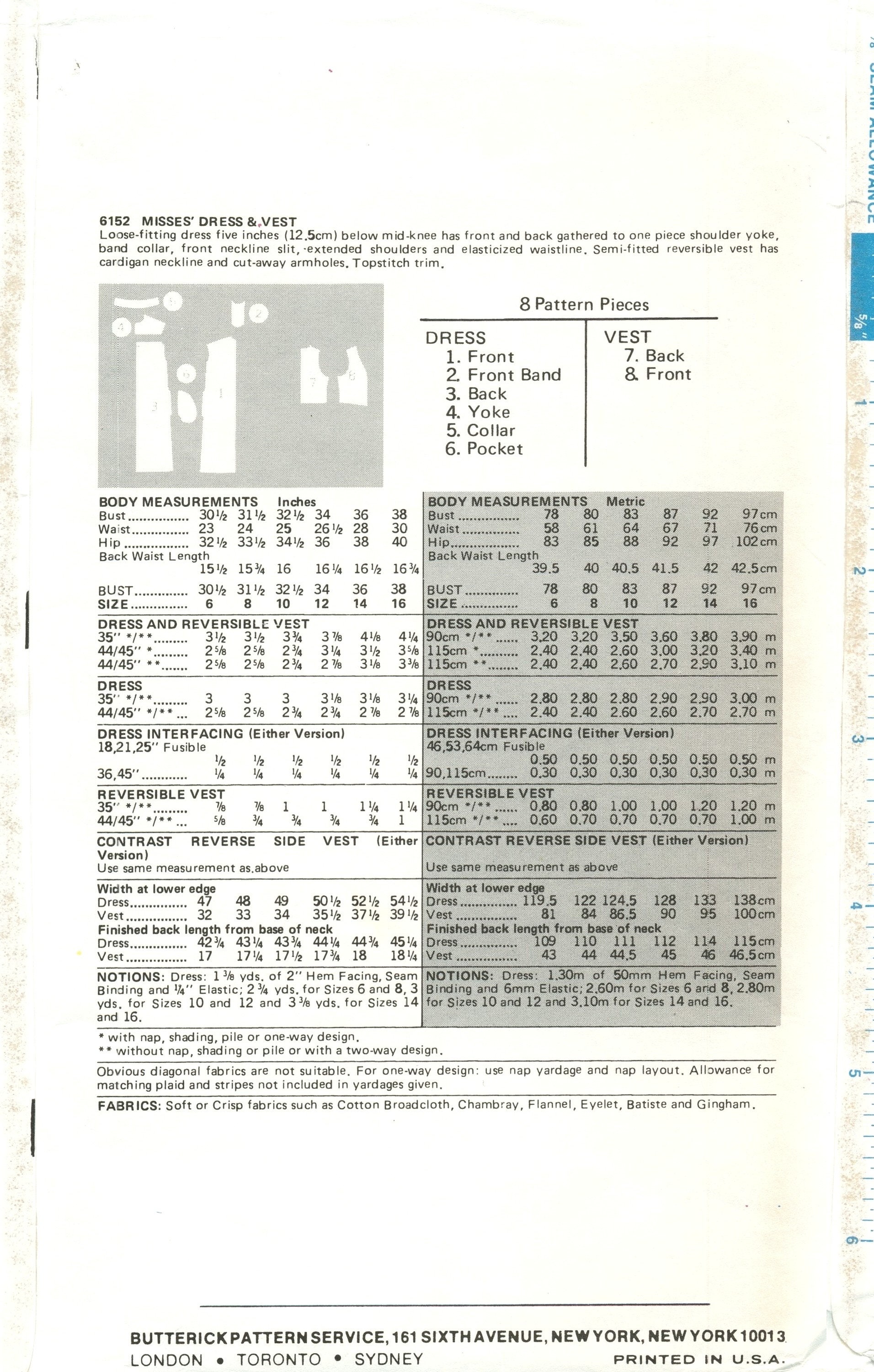 Butterick 6152 Sewing Pattern Misses Vintage 70s Loose Fitting Band ...