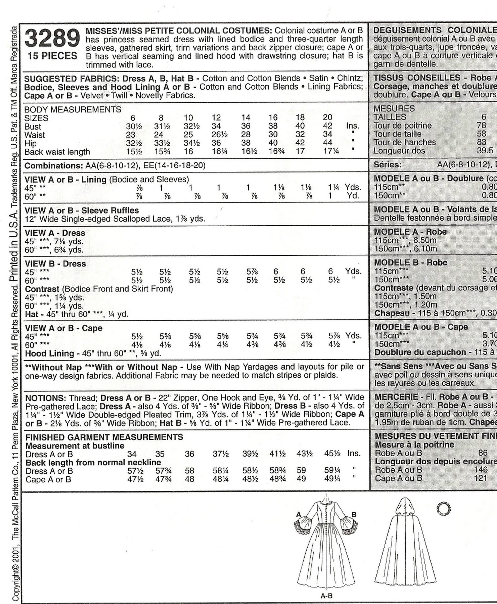 Mccalls 3289 Sewing Pattern Misses Colonial Costumes Full Length Dress ...