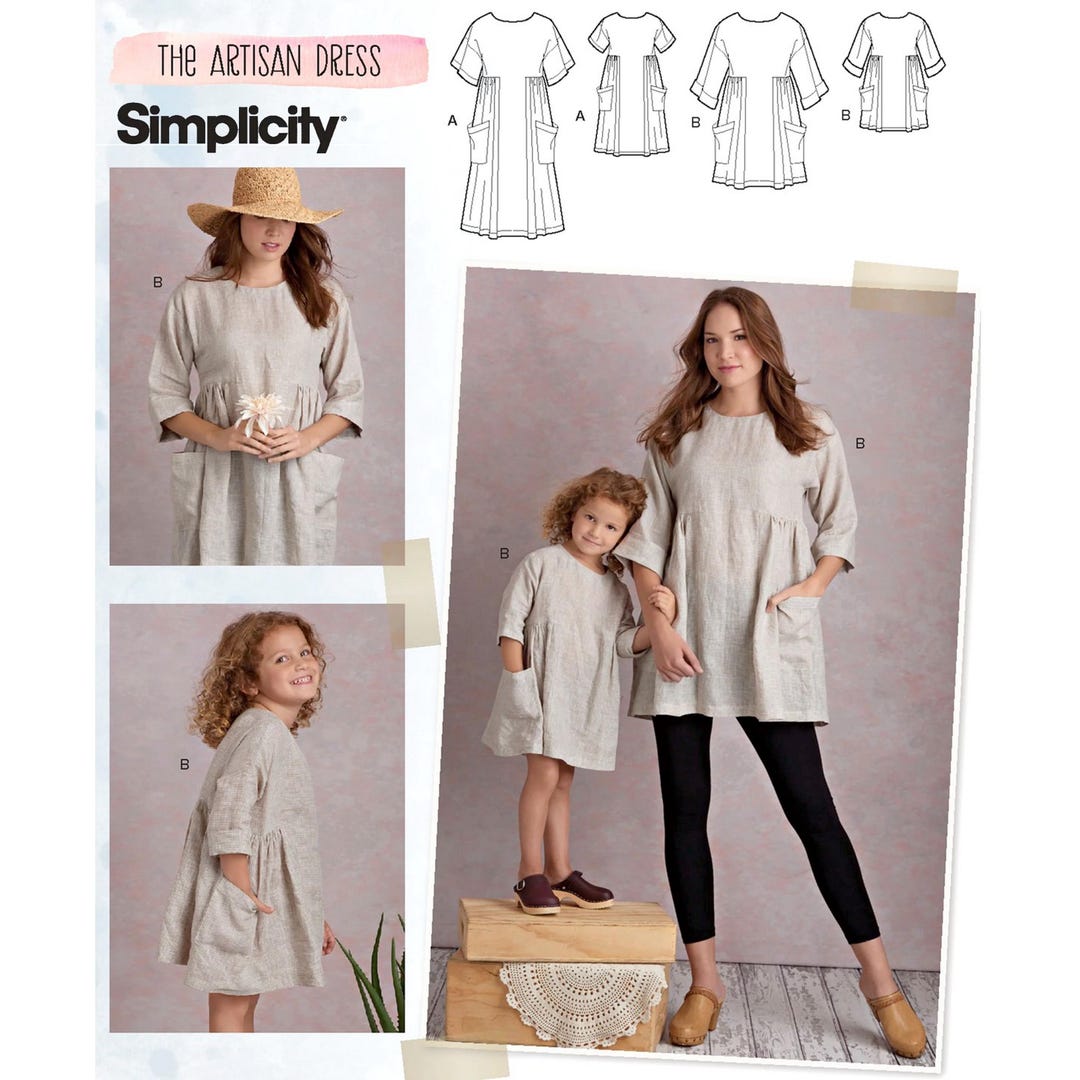 Patrón De Costura Simplicity Para Vestido Y Túnica Artesanal - Tallas Niña 3-8 Y Mujer S-XL - Diseño Babydoll Con Bolsillos