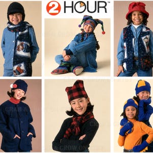 May include: A collection of six images showcasing various knit accessories including hats, scarves, vests, and mittens in diverse colors and patterns like plaid, solid navy, and multi-colored designs, featuring the text 2 HOUR at the top.