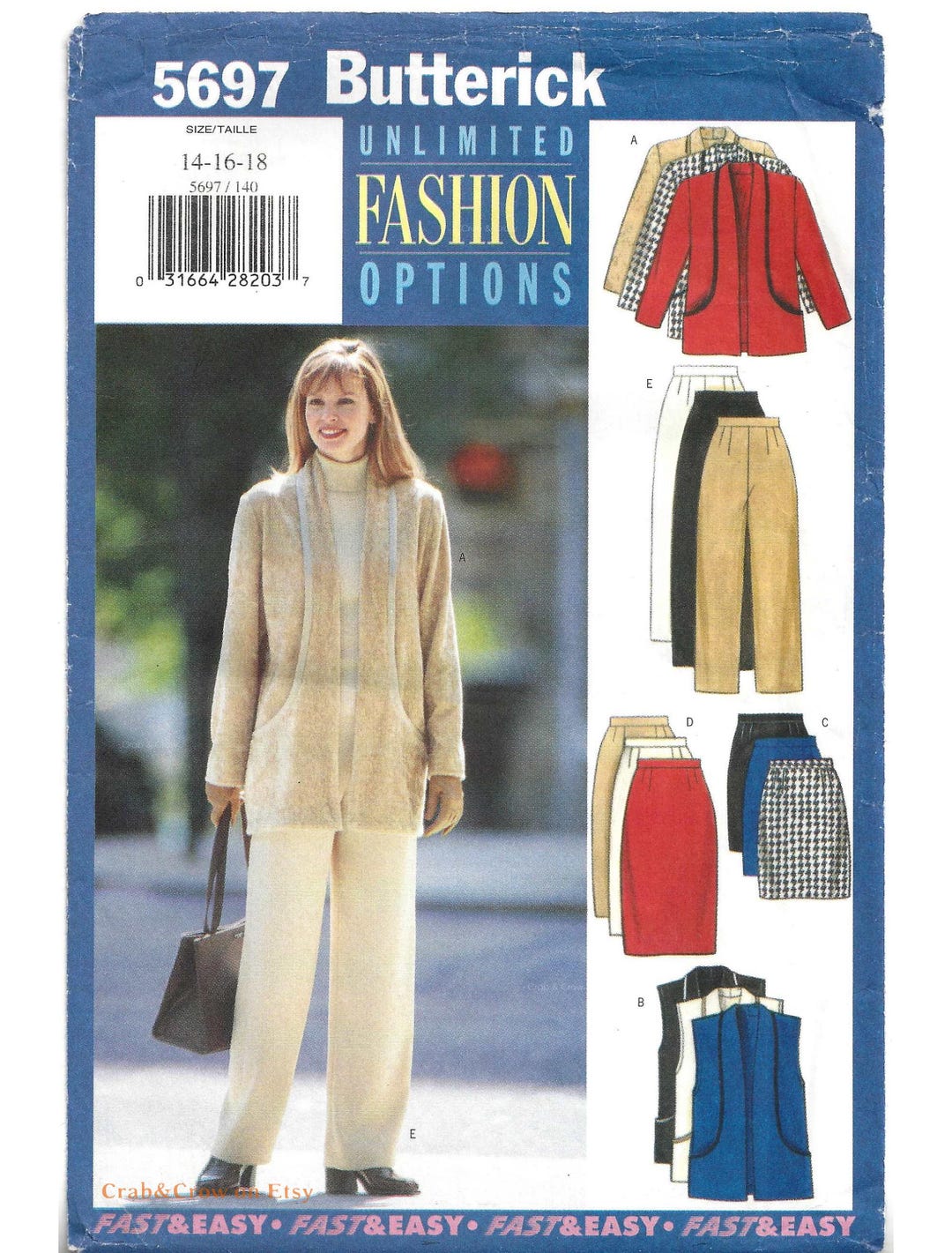 Butterick 5697 Sewing Pattern Misses Very Easy Jacket Vest Skirt and ...