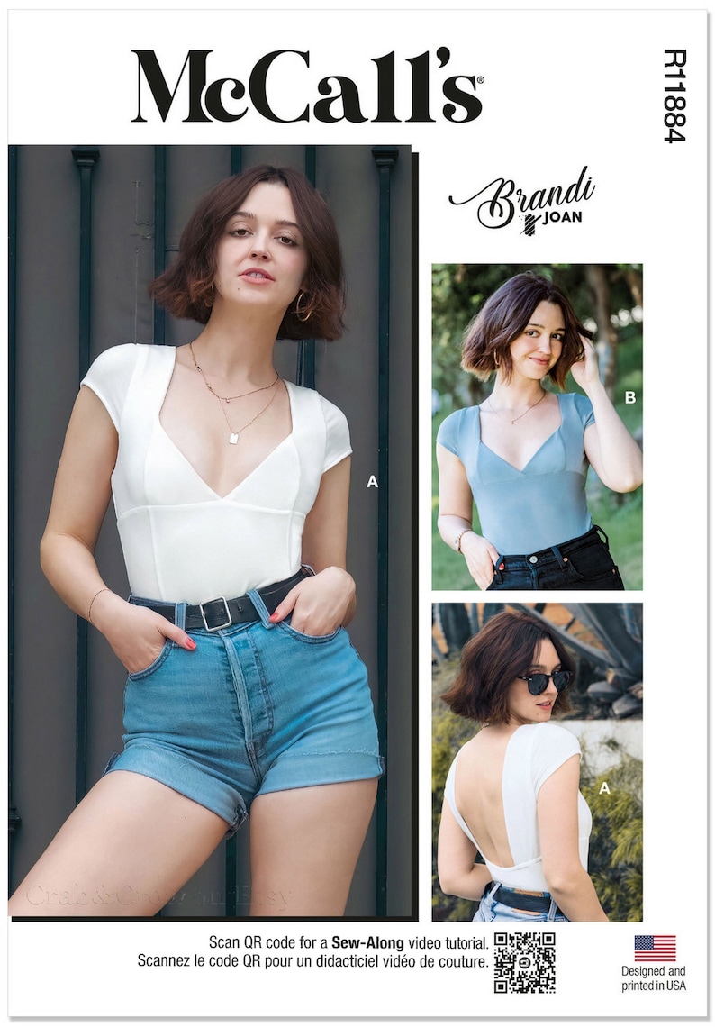 May include: McCall's sewing pattern R11884 for a Brandi Joan top with a deep V-neck and short sleeves. The pattern includes three different views: a white top, a blue top, and a white top with a low back.