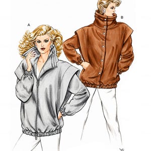 May include: A fashion illustration showing two jacket styles labeled A and B. Style A is a light gray zip-up jacket with a high collar and elastic cuffs. Style B is a brown button-up jacket with a high collar and elastic cuffs. Kwik Sew logo.