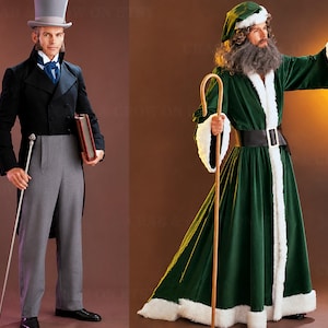May include: A Victorian-style ensemble featuring a black tailcoat, grey trousers, blue cravat, and top hat, alongside a floor-length dark green velvet robe with white faux fur trim, a matching cap, a wooden shepherd's crook, and a handheld lantern.