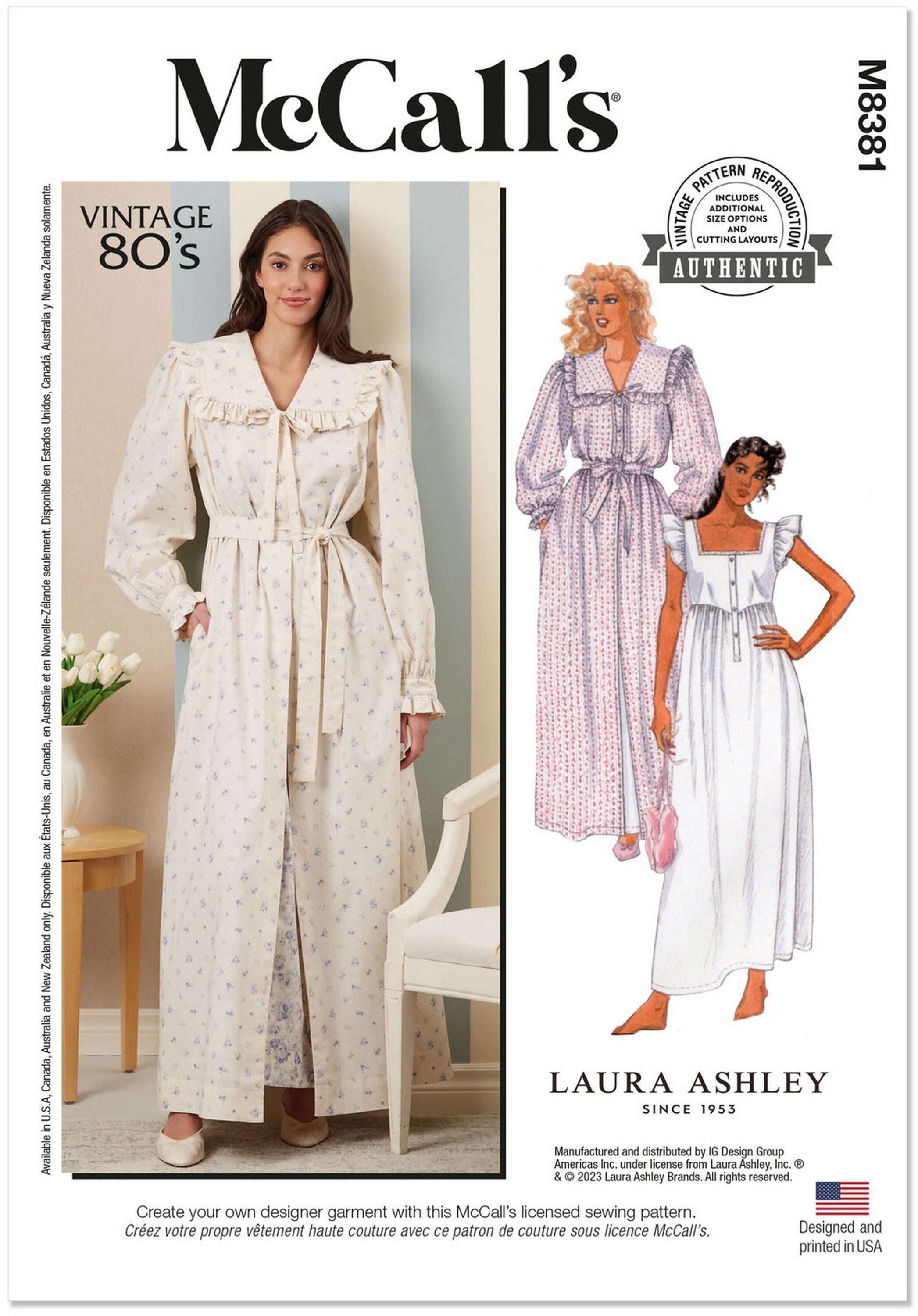 Mccalls M8381 Sewing Pattern Misses Robe Tie Belt and Nightgown by Laura  Ashley Sz XS-L Uncut 