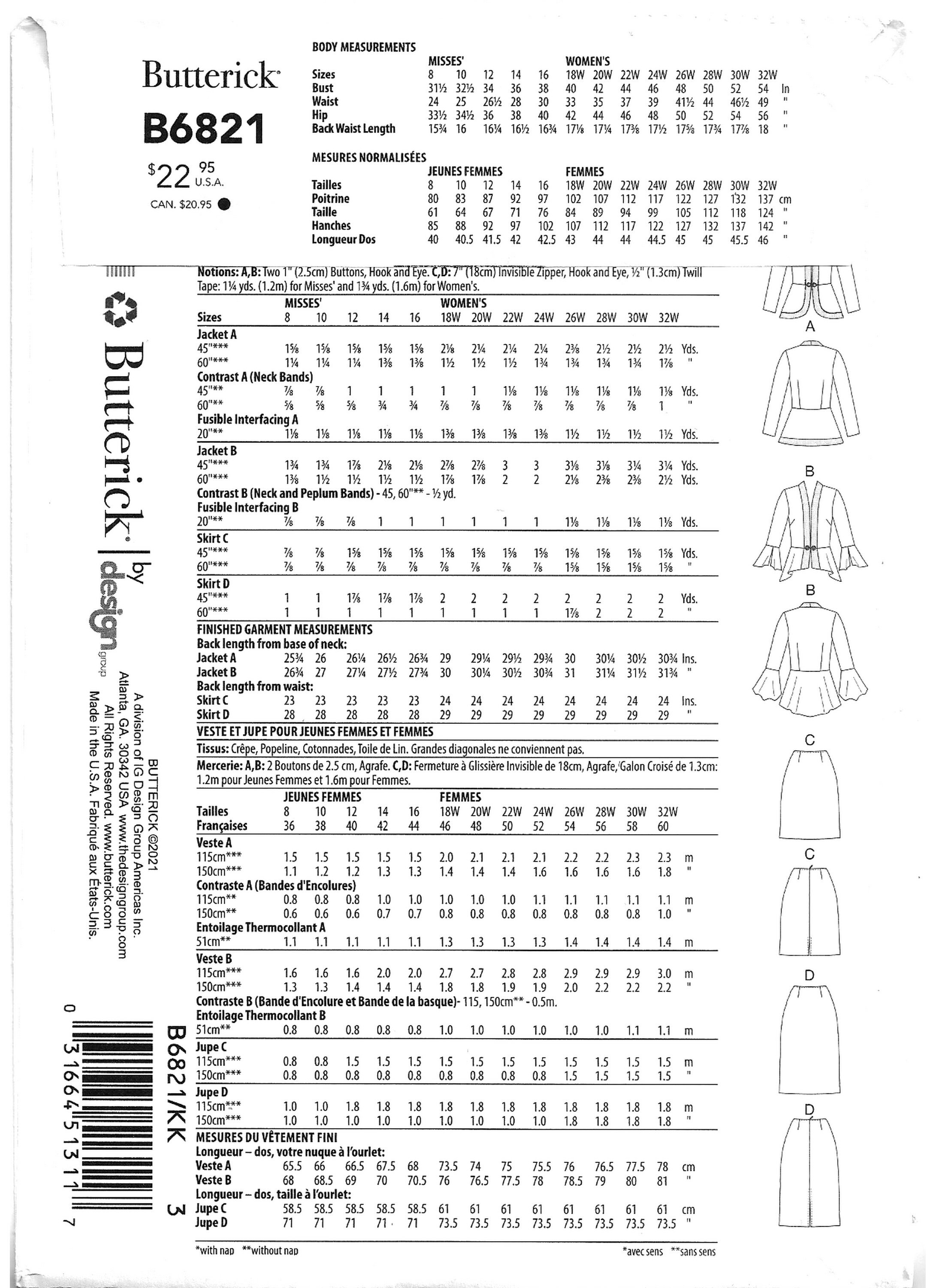 Butterick B6821 Sewing Pattern Womens Plus Size Jacket With Peplum and ...