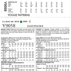 Op de afbeelding: Vogue Patterns naaipatroon V9058 voor een tuniek voor dames, met kraag, princessenaden en inzetstukken aan de voorkant. Inclusief stofvereisten en afgewerkte kledingmaten in cm. Maten 8-24. Gemakkelijk.