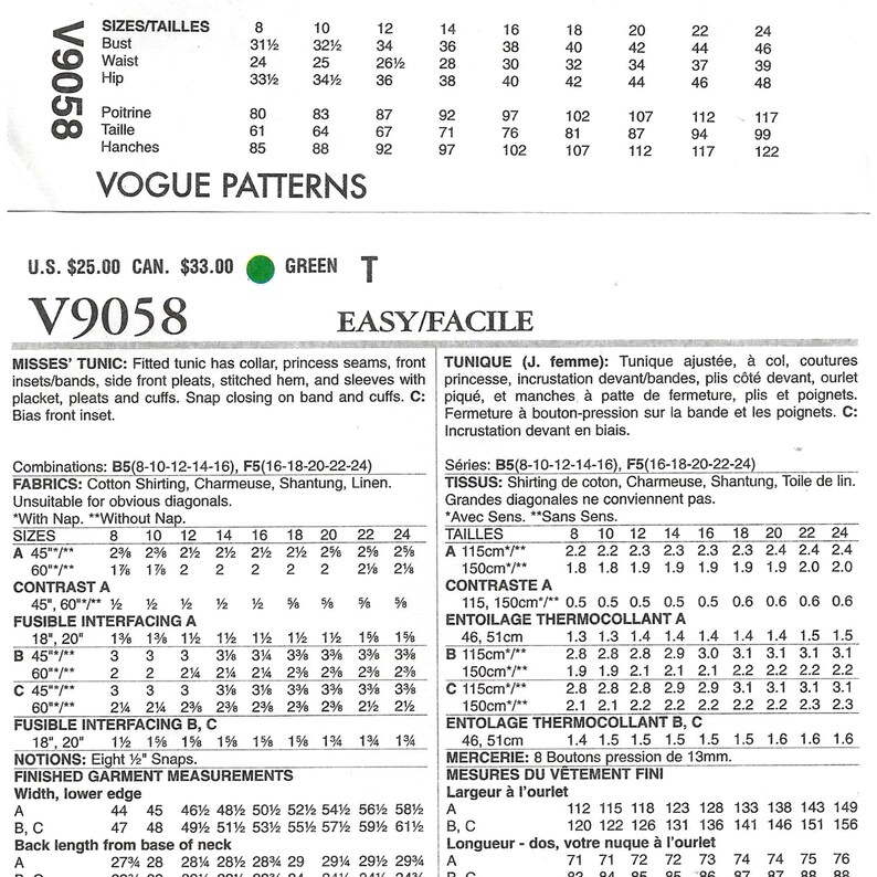 Op de afbeelding: Vogue Patterns naaipatroon V9058 voor een tuniek voor dames, met kraag, princessenaden en inzetstukken aan de voorkant. Inclusief stofvereisten en afgewerkte kledingmaten in cm. Maten 8-24. Gemakkelijk.
