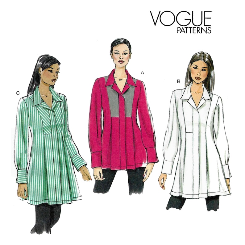 Op de afbeelding: Vogue Patterns naaipatroon met drie tuniek tops met lange mouwen. E&eacute;n is groen en wit gestreept, een andere is effen roze met een grijs paneel en de derde is wit. Het Vogue Patterns logo staat bovenaan.