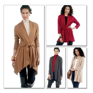May include: Four different variations of a long, open-front cardigan with a tie belt. The cardigans are shown in brown, red, gray, and beige.
