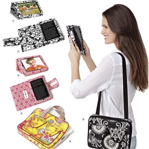 May include: Simplicity pattern 1630 OS features various e-reader and tablet cases, including a black and white floral print case, a pink geometric case, and a yellow floral tote bag. The pattern also includes a black shoulder bag with a white floral design.