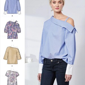 May include: A Simplicity 8693 sewing pattern envelope featuring a blue and white striped blouse with an asymmetrical off-the-shoulder neckline, long sleeves with wide white cuffs, and a thin shoulder strap. Four variations are shown in illustrations.