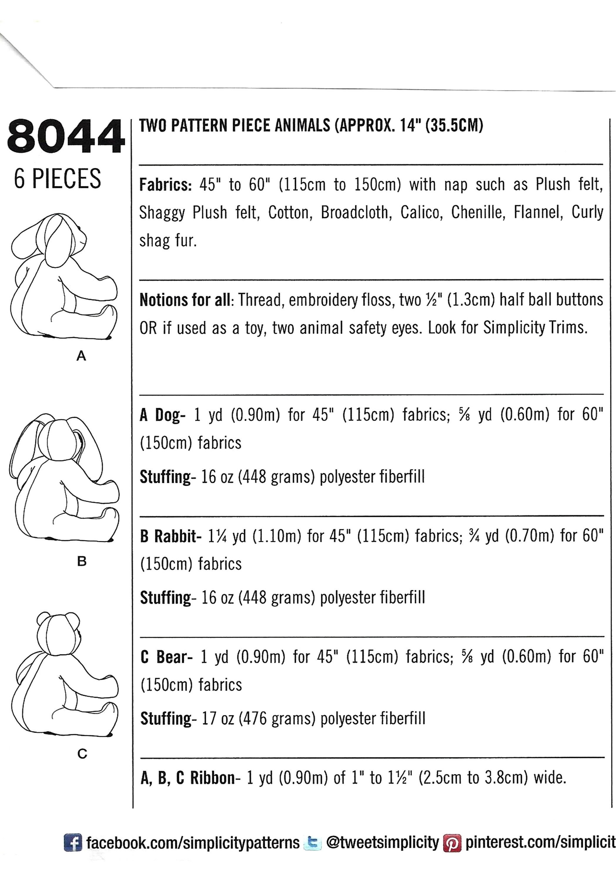 Simplicity 8044 Sewing Pattern for Two-pattern Piece Stuffed Animals ...