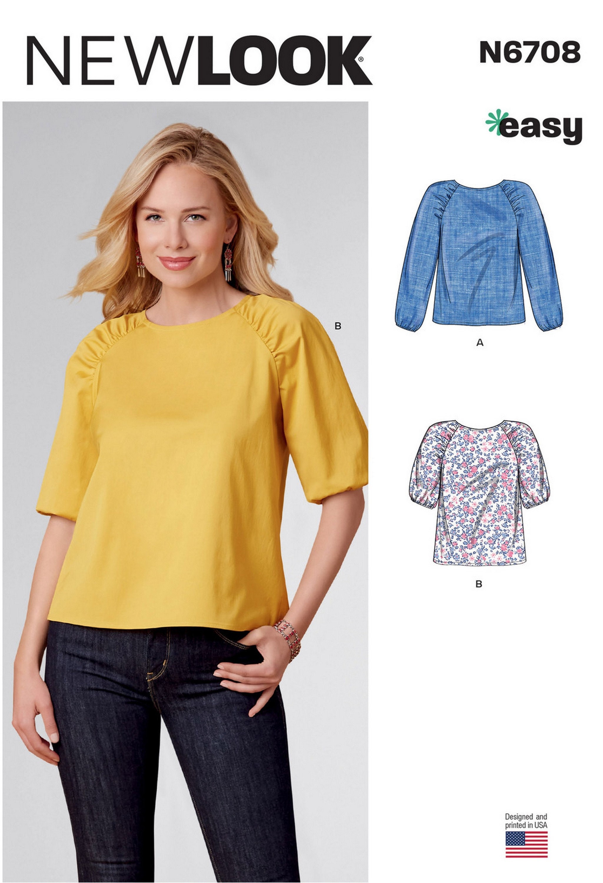 New Look N6708 Sewing Pattern Misses Raglan Sleeve Tops with Gathering Detail and Sleeve Length Variations sz 6-18 Uncut